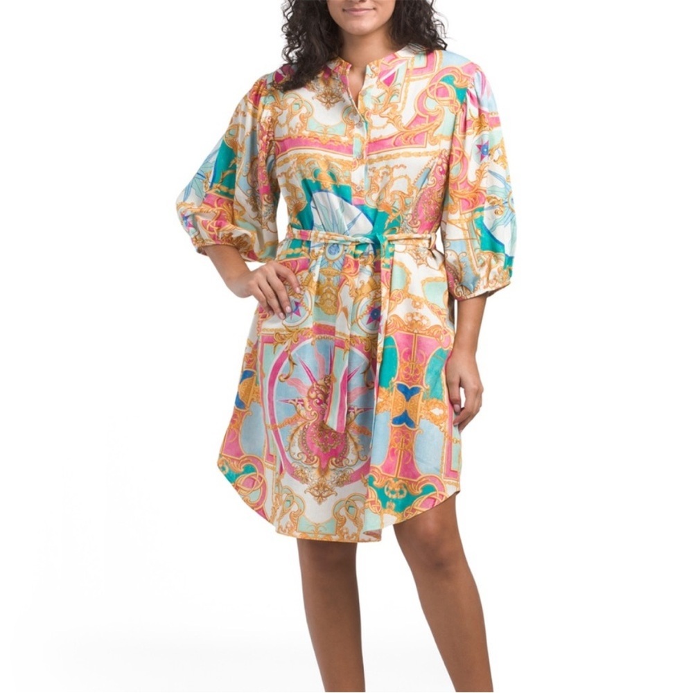 LE RAGAZZE  Linen Blend Status Print Tie Front Dress M